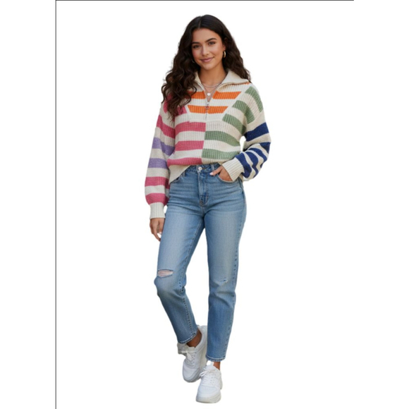 Sincerly Jules Sweaters - Women's Sincerely Jules 90s Retro Knit Striped Quarter-Zip Sweater S Multi-color